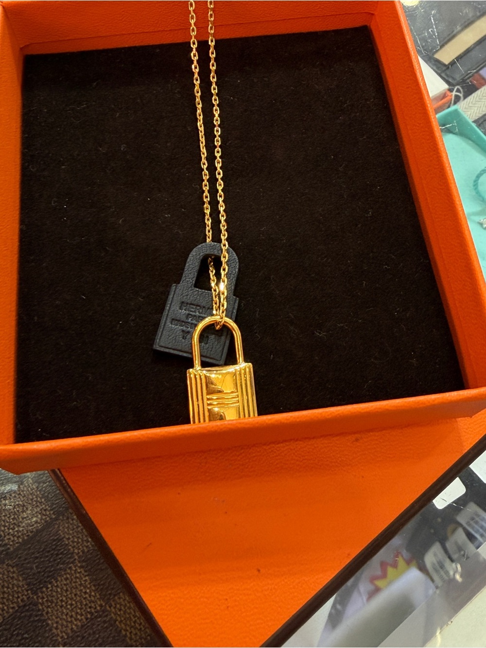 Hermes Gold Padlock Necklace with Black Leather Tag